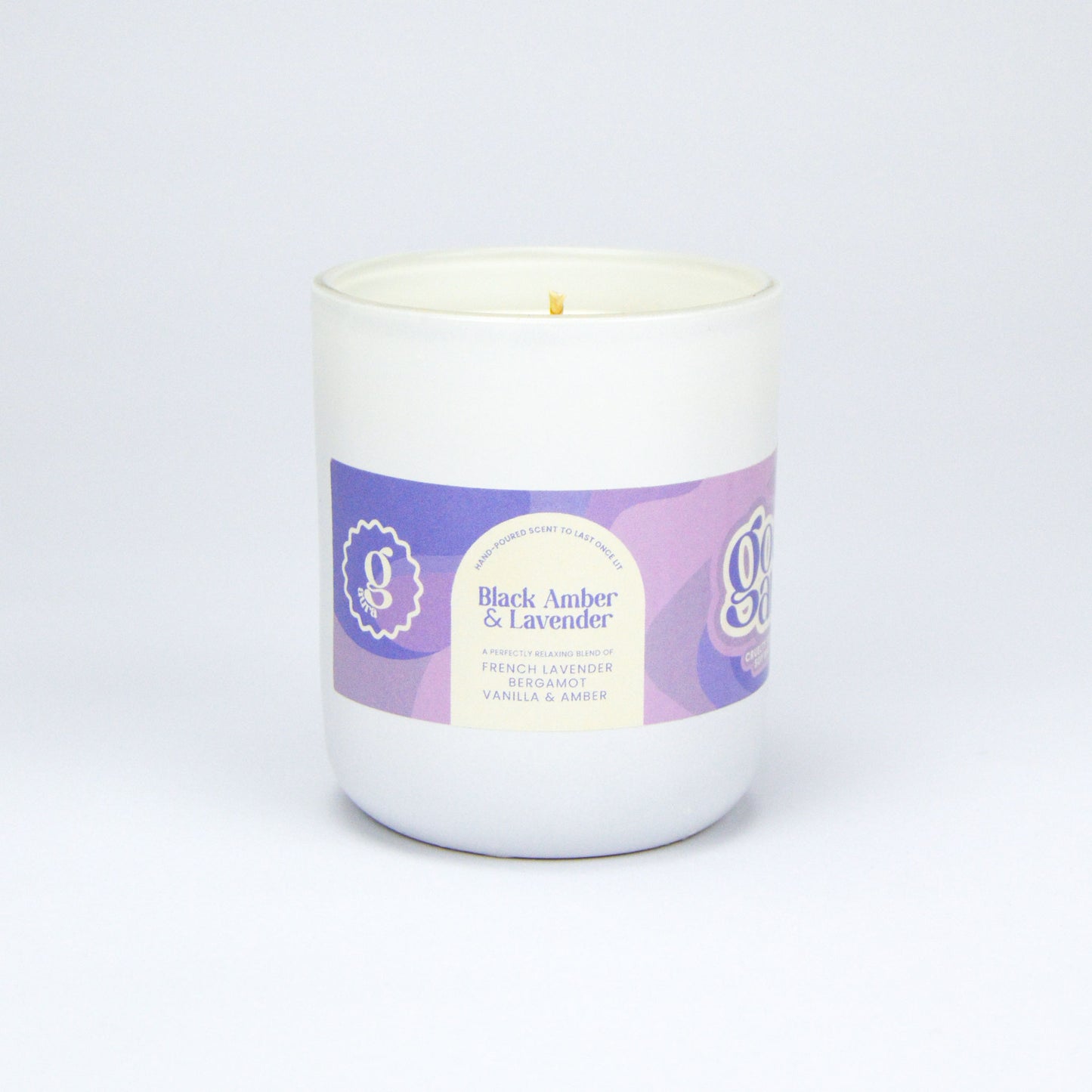 Black Amber and Lavender | White Curved Large Vegan Glass Refillable Candle